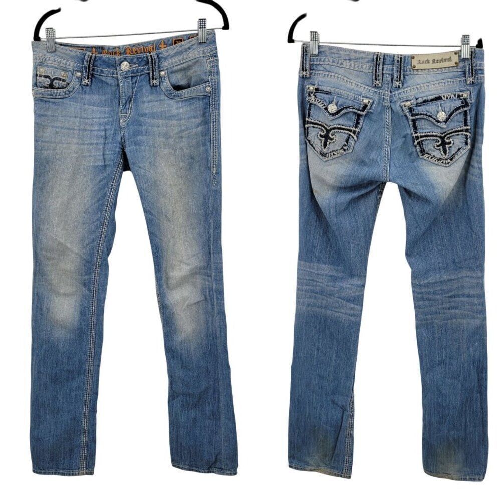 Rock Revival Abbie Straight Leg Low Rise Jeans Women Sz 28 Distressed Light Wash